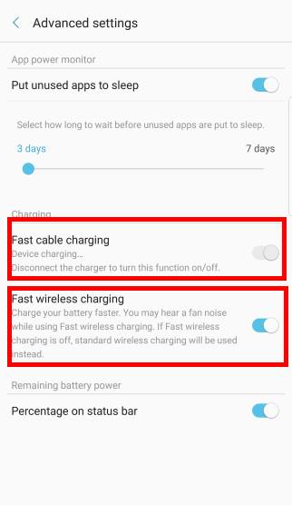 disable fast charging or fast wireless charging on Galaxy Note 7