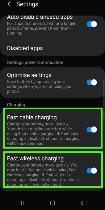 turn off fast cable charging and fast wireless charging on Galaxy Note 10