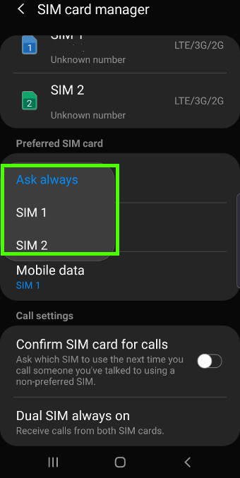 set preferred SIM for calls, messages, and mobile data