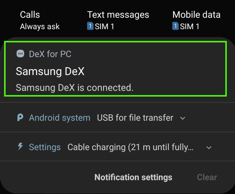 Samsung DeX is connected notification